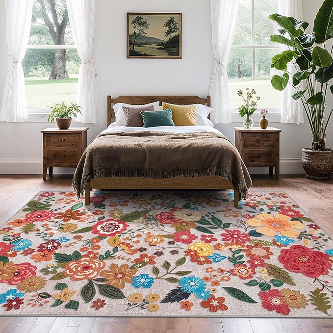 Area Rug Living Room Rugs: 5x7 Washable Rug Vintage Floral Soft Boho Non Slip Carpet Indoor Floor Non Shedding Low Pile Thin Carpets for Bedroom Dining Room Farmhouse Nursery Home Office Beige