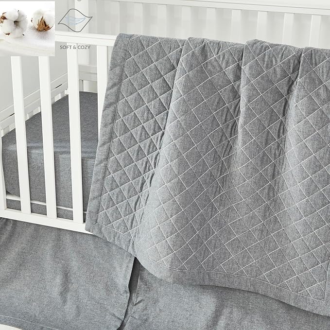 Brandream Gender Neutral Baby Crib Bedding Set 3 Pieces 100% Cotton Like Linen Supersoft Classic Quilted Plaid Design Boho Bohemian Farmhouse Chic Nursery Decor (Gray)