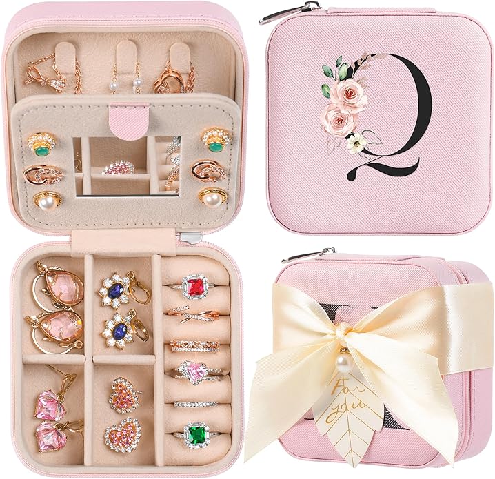 AYGXU Travel Jewelry Box for Women and Girls - Small Case With Initial A-Z - Teacher Gifts