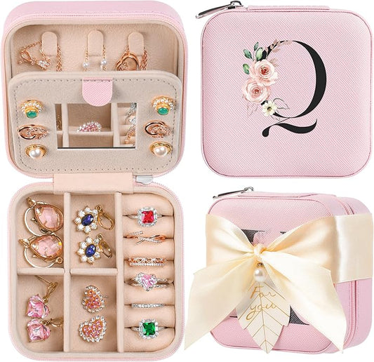 AYGXU Travel Jewelry Box for Women and Girls - Small Case With Initial A-Z - Teacher Gifts