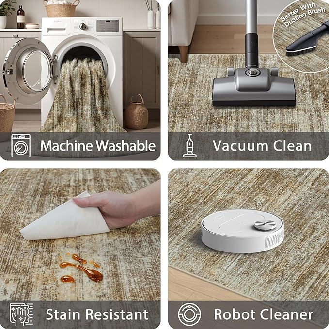 Area Rug 9x12 Washable Rugs: Abstract Large Living Room Rugs with Non-Slip Backing, Thin Carpet for Dining Room Table Bedroom Nursery Indoor Home Office-Brown