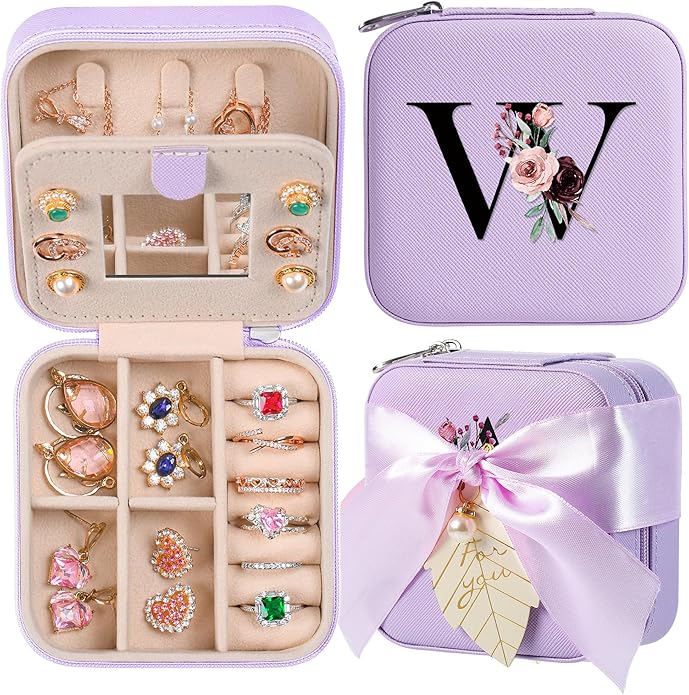 AYGXU Travel Jewelry Box for Women and Girls - Small Case With Initial A-Z - Teacher Gifts