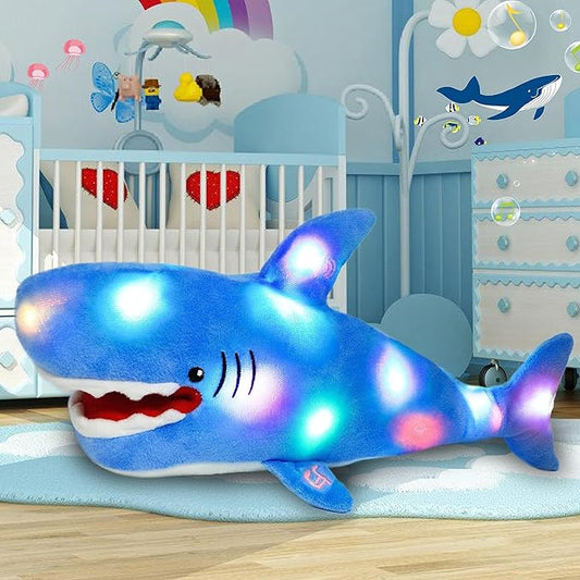 Cuteoy Light-up Singing Plush Shark LED Musical Stuffed Animal Adjustable Volume Lullaby Plushies Birthday Christmas Toy Gifts for Kids Toddler Girls, 13"