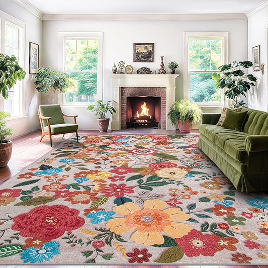 8x10 Area Rug for Living Room: Vintage Floral Washable Rug Soft Boho Non Slip Carpet Large Indoor Floor Non Shedding Low Pile Thin Carpets for Bedroom Dining Room Farmhouse Nursery Home Office Beige