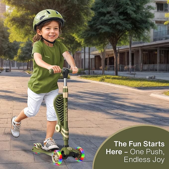 Army 3 Wheel Scooter with Seat for Kids – Light-Up LED Wheels, Adjustable Handlebar and Seat, Smooth PU Wheels, Wide Anti-Slip Deck, Rear Foot Brake – Toddler Outdoor Toys for Ages 2+