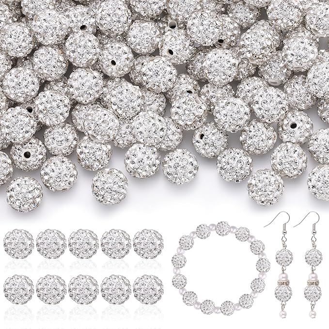 160pcs 10mm Rhinestone Beads for Jewelry Making, White Shiny Round Disco Ball Beads Bulk, Sparkle Crystal Clay Christmas for Bracelet Baseball Necklace Earring Crafting and DIY