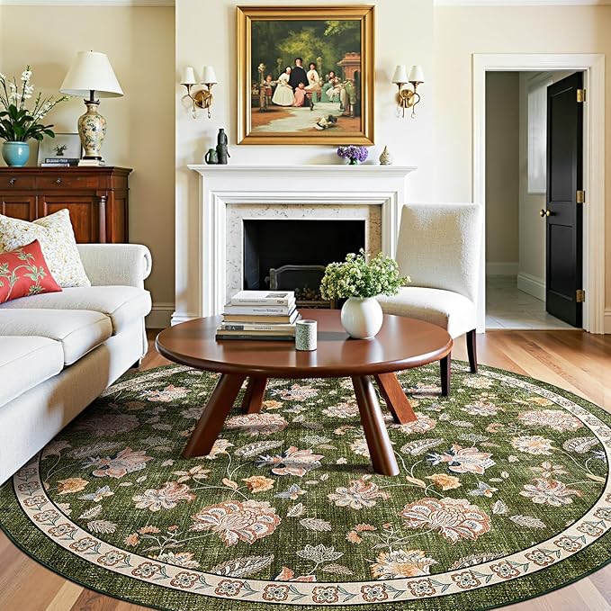 jinchan 8ft Floral Round Rug for Dining Room Washable Living Room Rug Vintage Romance Design Non Slip Indoor Floor Cover Lightweight Low-Profile Throw Carpet for Bedroom Porch Patio, Green