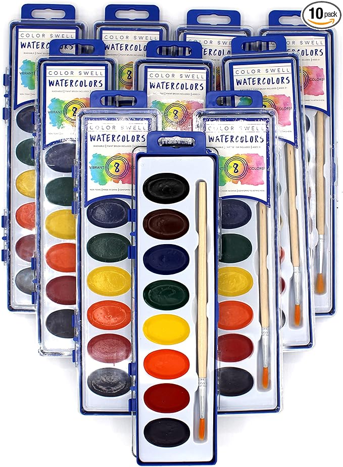 Color Swell Bulk Watercolor Paint 10 Pack with Wood Brushes 8 Washable Water Colors for Kids, Classrooms, Parties, All Ages