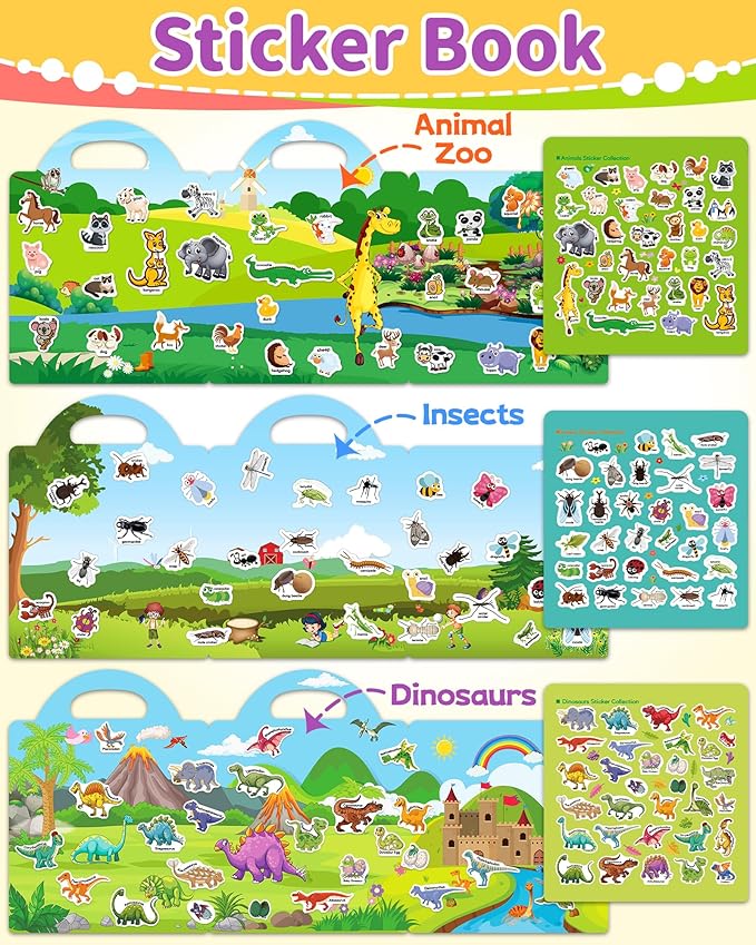 Benresive Reusable Sticker Books for Kids 2-4, Sticker Books for Toddlers 1-3 2-4, Toddler Travel Toys Activities Crafts Gifts - Animals, Dinosaurs and Insect