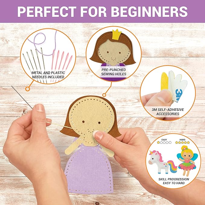 Craftorama Sewing Kit for Kids, Fun and Educational Fairytale Craft Set for Boys and Girls Age 7-12, Sew Your Own Felt Animals Craft Kit for Beginners, 165 Piece Set