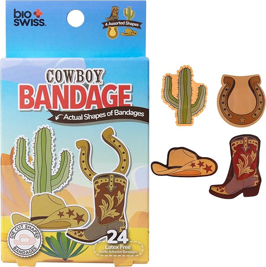 BioSwiss Bandages, Cowboy Shaped Self Adhesive Bandage, Latex Free Wound Care, Fun First Aid Kit Supplies for Kids and Adults, 24 Count