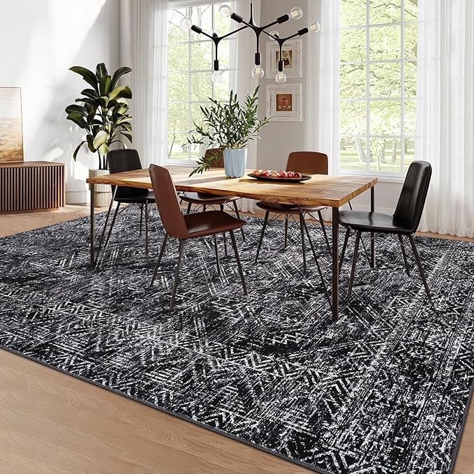 COZYLOOM Area Rug for Bedroom 5x7 Machine Washable Rugs for Living Room Modern Abstract Floor Cover Non Slip Low Pile Geometric Mats Stain Resistant Soft Carpet for Dining Room, Black