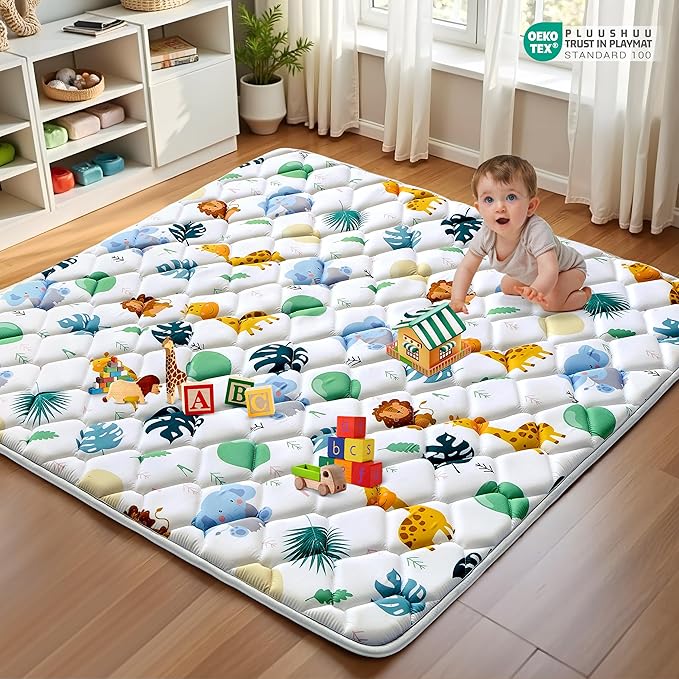 Baby Play Mats for Floor, 59x59 Playpen Mat for Babies, Extra Thicker & Soft Floor Crawling Mat, Foldable Non-Slip Playmat Cushioned for Infants Toddlers, Cute Animal Design