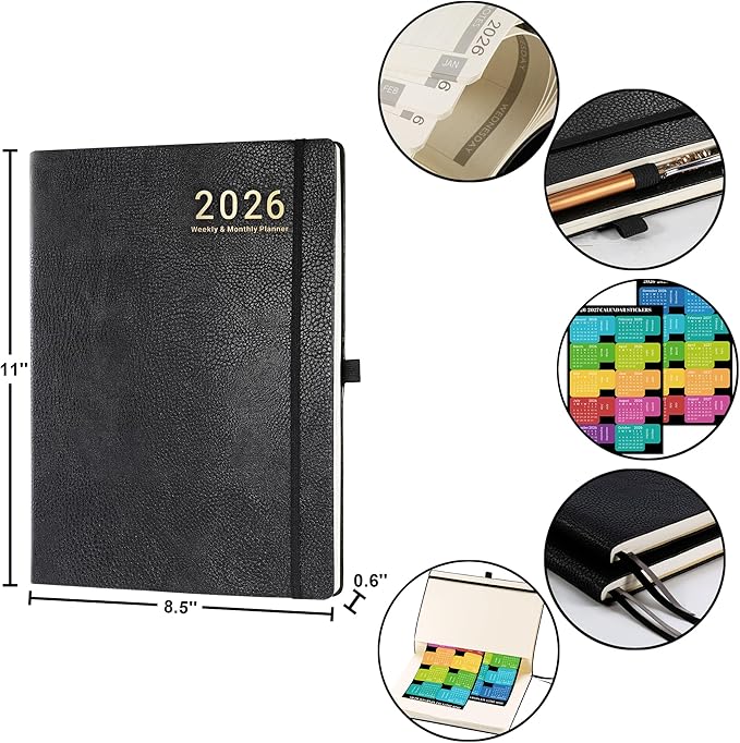 2026 Planner - JAN 2026 - DEC 2026, Planner Weekly and Monthly, Calendar Planner, 8.5" x 11", Leather Cover Planner with Thick Paper, Back Pocket with Notes Pages, Black