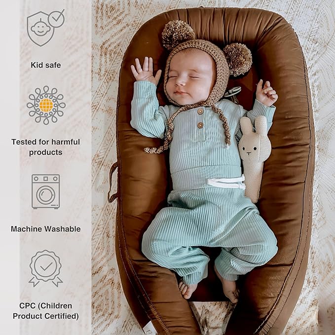 Infant Lounger, Baby Nest Cover for Baby Girls & Boys, Newborn Essentials for Baby 0-18+ Months, 100% Cotton Breathable (Brown, Cotton)