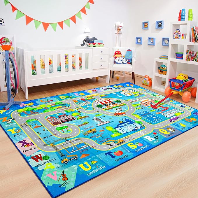 Chicrug 5x8 Car Road Area Rug for Kids Playroom Bedroom, Non Slip Low Pile Washable ABC Alphabet Carpet for Classroom, City Track Play Mat for Toddler Children Nursery Baby Room Decor, Blue