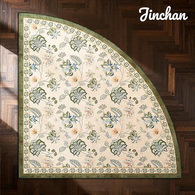 jinchan Floral Corner Rug for Living Room Washable Bedroom Rug Vintage Romance Design Non Slip Quarter Circle Lightweight Low-Pile Throw Carpet for Reading Nook Playroom,8ft Radius, Green/Beige