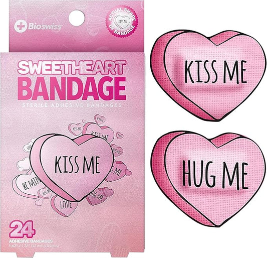 BioSwiss Bandages, Valentine Valentine Heart Shaped Self Adhesive Bandage, Latex Free Sterile Wound Care, Fun First Aid Kit Supplies for Kids, 24 Count