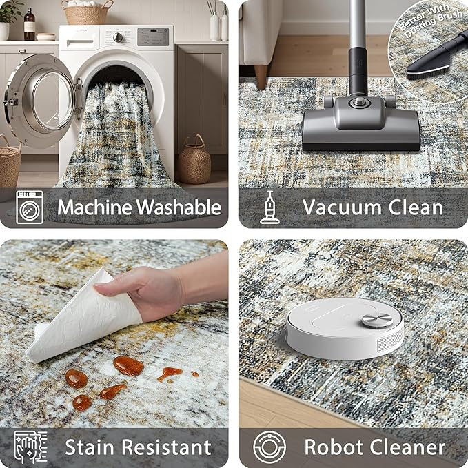 Area Rug Living Room Rugs: 5x7 Abstract Washable Rugs Ultra Soft Carpets with Non-Slip Backing Stain Resistant Carpet for Dining Room Table Bedroom Nursery Indoor Home Office Brown/Gray