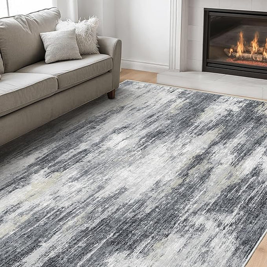 AMADA HOMEFURNISHING 6x9 Washable Area Rug, Modern Abstract Living Room Rug with Non-Slip Backing & Short Pile, Large Rug with Abstract Pattern for Living Room, Bedroom and Dinning Room, Light Grey