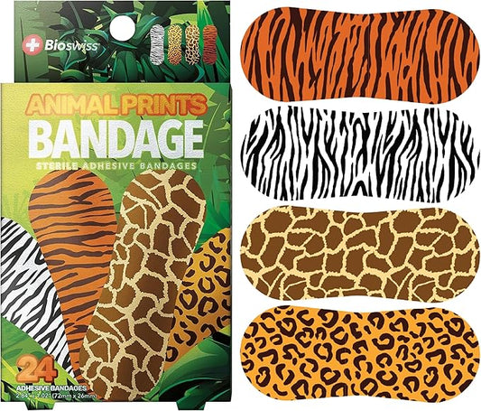 BioSwiss Bandages, Animal Prints Self Adhesive Bandage, Leopard, Zebra, Giraffe, and Tiger Print Designs, Latex Free Sterile Wound Care, Standard Shape for Kids and Adults, 24 Count