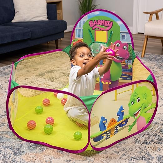 Barney Pop Up Playground, Ball Pit with 25 Play Balls and Basketball Hoop, Toddlers 2+