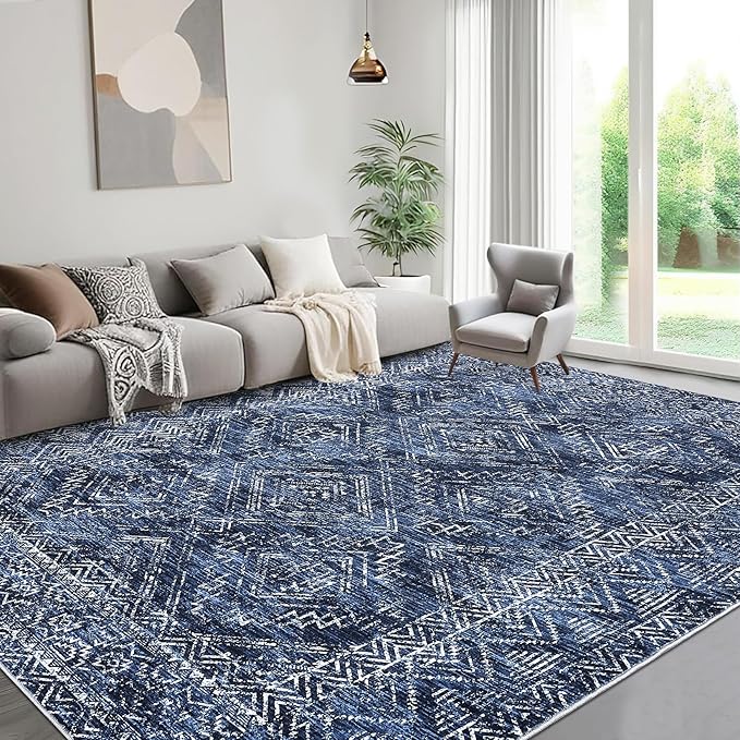 COZYLOOM 4x6 Area Rug for Living Room Bedroom Playroom Nursery Vintage Non Slip Low Pile Rug Soft Throw Floor Cover Geometric Tribal Foldable Indoor Carpet, Blue