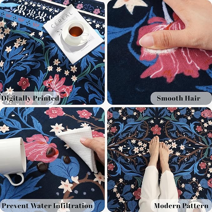 Area Rugs 8x10 for Living Room Clearance Washable Vintage Floral Botanical Rug Non Slip Low Pile Large Rug for Bedroom, Farmhouse, Dining Room, Kids Playroom, Blue