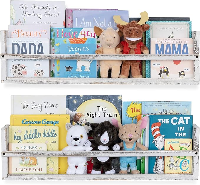 Brightmaison Polynez 30" Floating Shelves for Wall Decor, Kids Bookshelf, Nursery Book Shelves, Multiuse Shelf Set of 2 Wood Burnt White