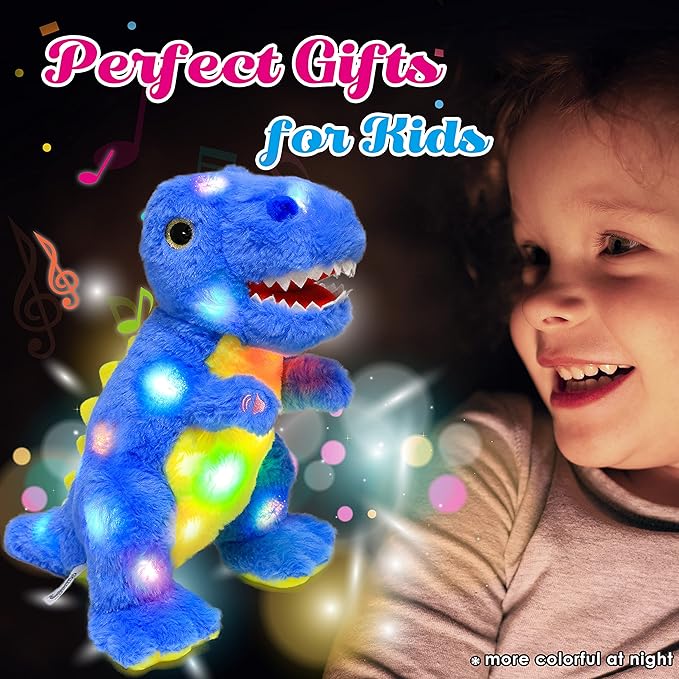 Cuteoy Light-up Singing Plush Blue Dinosaur LED Musical Stuffed Animal T-Rex Adjustable Volume Lullaby Plushies Birthday Christmas Toy Gifts for Kids Toddler Girls, 12"