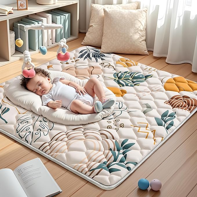Baby Play Mats for Floor, 50x50 Playpen Mat for Babies, Extra Thicker & Soft Floor Crawling Mat, Foldable Non-Slip Playmat Cushioned for Infants Toddlers, Boho Leaf Style
