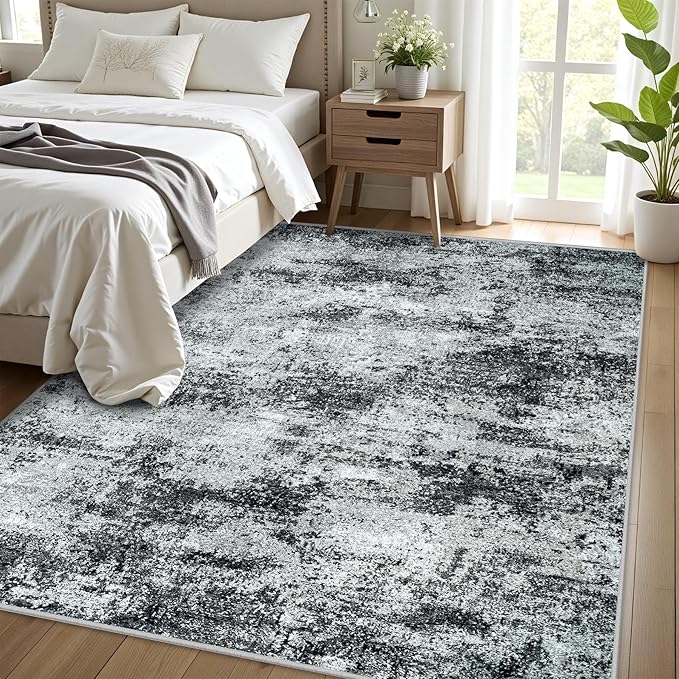 Area Rug Living Room Rugs: 5x7 Abstract Washable Rugs Ultra Soft Carpets with Non-Slip Backing Stain Resistant Carpet for Dining Room Table Bedroom Nursery Indoor Home Office Dark Black/Gray