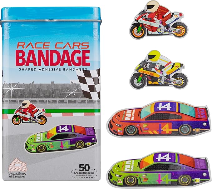 BioSwiss Bandages, Race Cars Shaped Self Adhesive Bandage, Latex Free Sterile Wound Care, Fun First Aid Kit Supplies for Kids and Adults, 50 Count