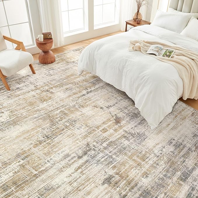 Area Rug for Living Room: 12x15 Washable Neutral Abstract Modern Soft Rugs Non Slip Indoor Floor Stain Resistant Large Carpet for Bedroom Dining Room Office Nursery - Golden Brown