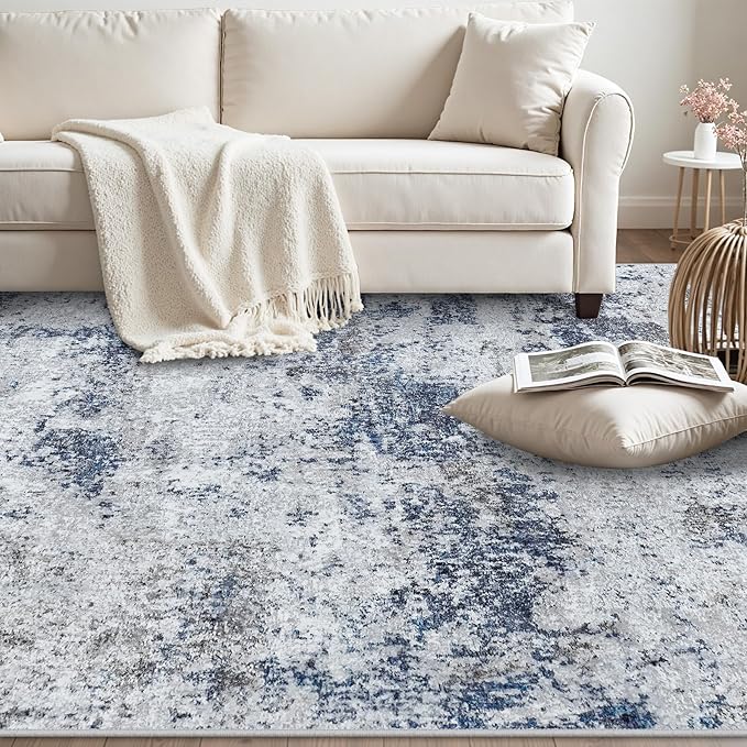 Area Rug Living Room Rugs: 5x7 Abstract Washable Rugs Ultra Soft Carpets with Non-Slip Backing Stain Resistant Carpet for Dining Room Table Bedroom Nursery Indoor Home Office Blue/Gray/Black
