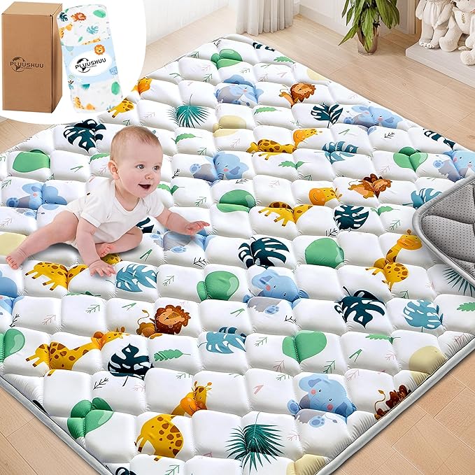 Baby Play Mats for Floor, 59x59 Playpen Mat for Babies, Extra Thicker & Soft Floor Crawling Mat, Foldable Non-Slip Playmat Cushioned for Infants Toddlers, Cute Animal Design