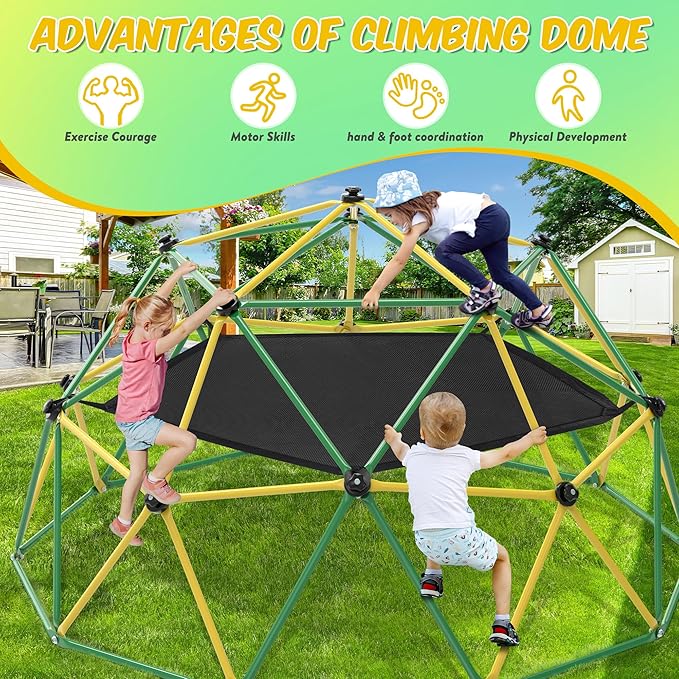 Climbing Dome, 10FT Dome Climber with Hammock & Swing for Kids 3-10, Kids Outdoor Jungle Gym Supports 1000lbs, Easy Assembly Playground Jungle Gym Backyard Play Equipment, Yellow+Green