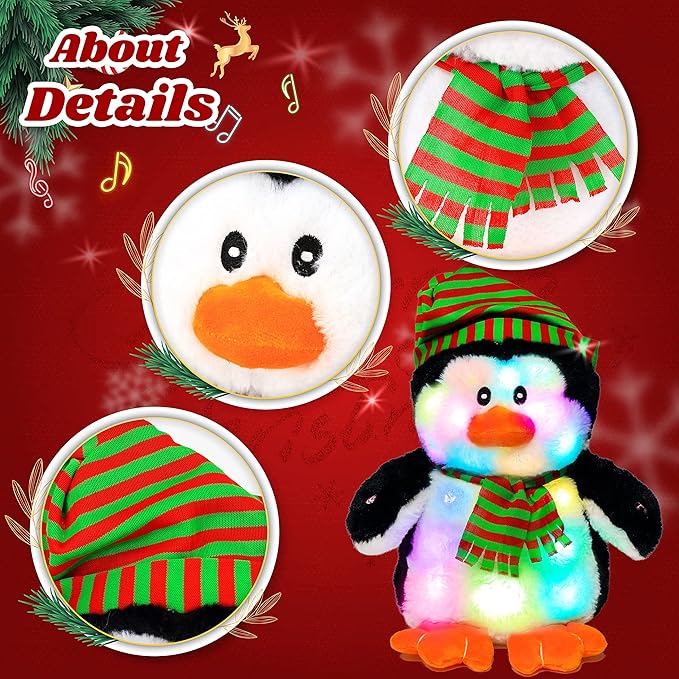 Cuteoy Light-up Singing Plush Penguin LED Musical Stuffed Animal Adjustable Volume Lullaby Plushies Birthday Christmas Toy Gifts for Kids Toddler Girls, 11"