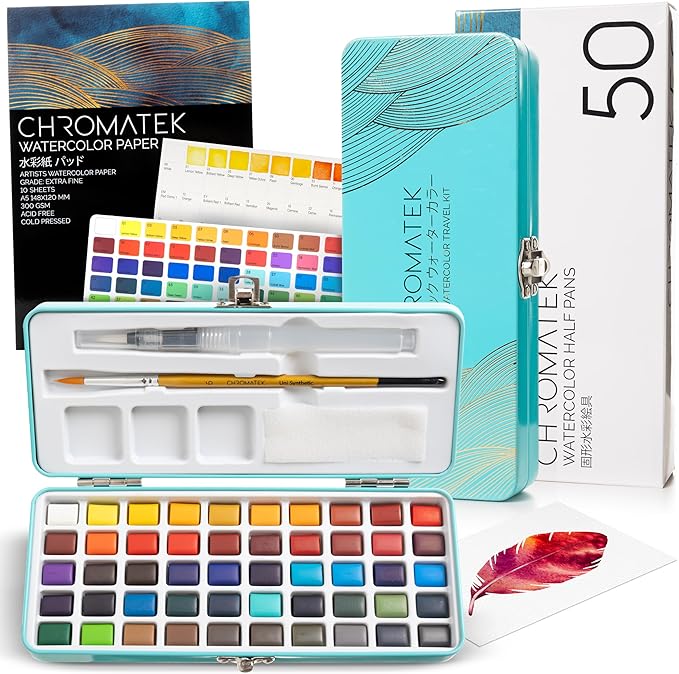 CHROMATEK Watercolor Paint Set – 50 Vivid Colors Including Transparent, Opaque & Pastel – Art Kit with Brush, Water Pen, Palette, Color Chart, Swatch Sheets, Pad & Metal Travel Case