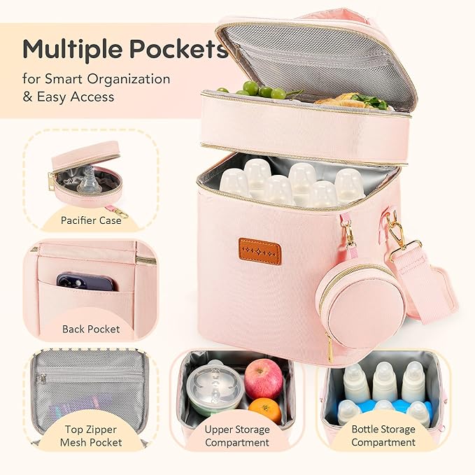 Breastmilk Cooler Bag with Ice Pack & Pacifier Case, Large Double Layer Insulated Baby Bottle Cooler Fits 6 Bottles, Breast Pump Storage Bag for Working Nursing Moms, with Gift Box