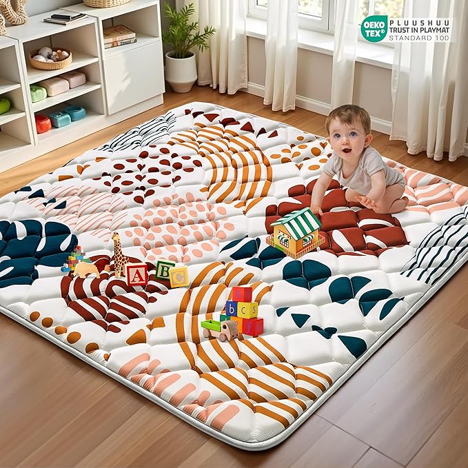 Baby Play Mats for Floor, 47x47 Playpen Mat for Babies, Extra Thicker & Soft Floor Crawling Mat, Foldable Non-Slip Playmat Cushioned for Infants Toddlers, Boho Leaf Design