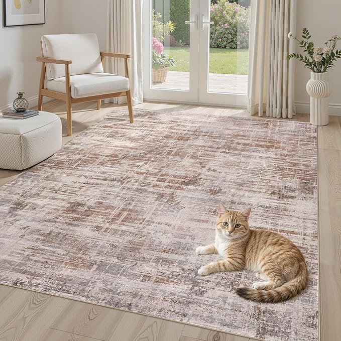 Area Rug for Living Room: 5x7 Washable Neutral Abstract Modern Soft Rugs Non Slip Indoor Floor Stain Resistant Carpet for Bedroom Dining Room Office Nursery - Red Brown