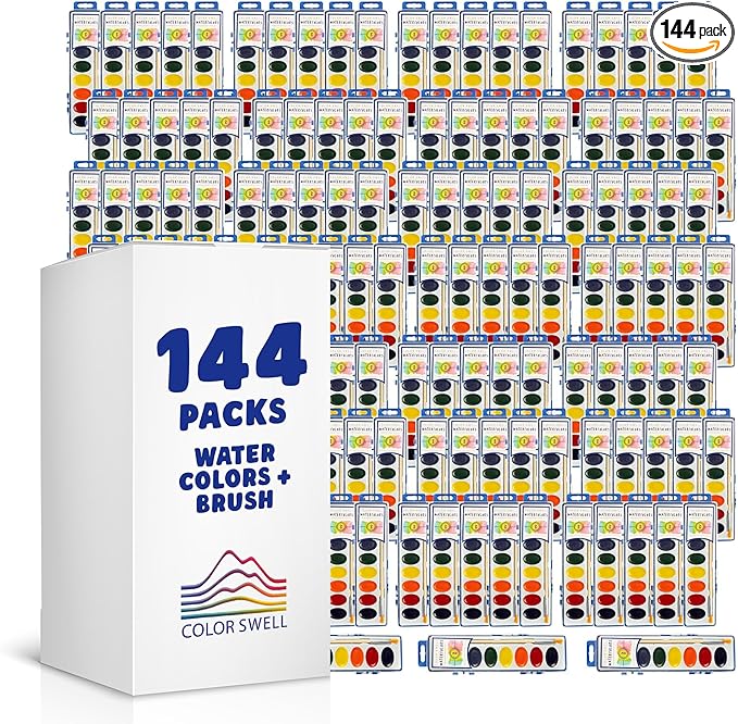 Color Swell 144 Set Bulk Watercolor Paint Pack with Wood Brushes 8 Colors Washable Water Colors Perfect for Kids Classroom Parties Students All Ages