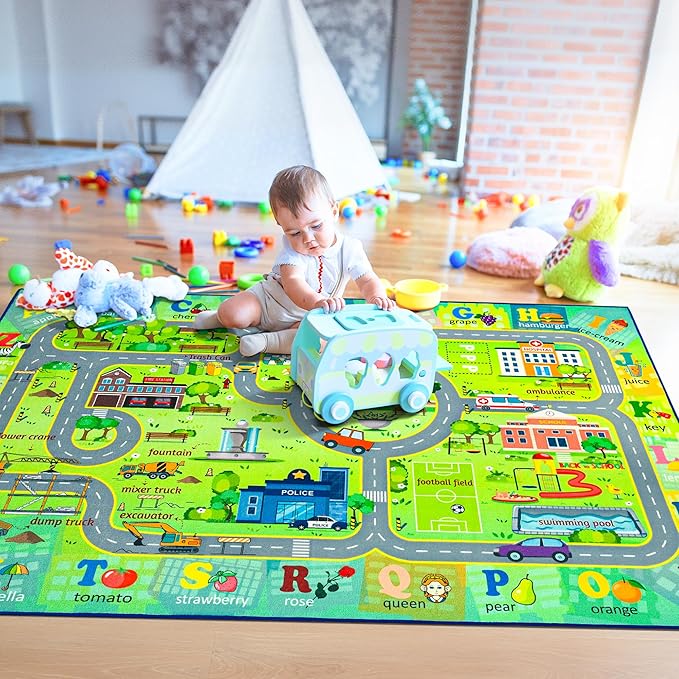Chicrug 4x6 Car Road Area Rug for Kids Playroom Bedroom, Non Slip Low Pile Washable ABC Alphabet Carpet for Classroom, City Track Play Mat for Toddler Children Nursery Baby Room Decor, Green
