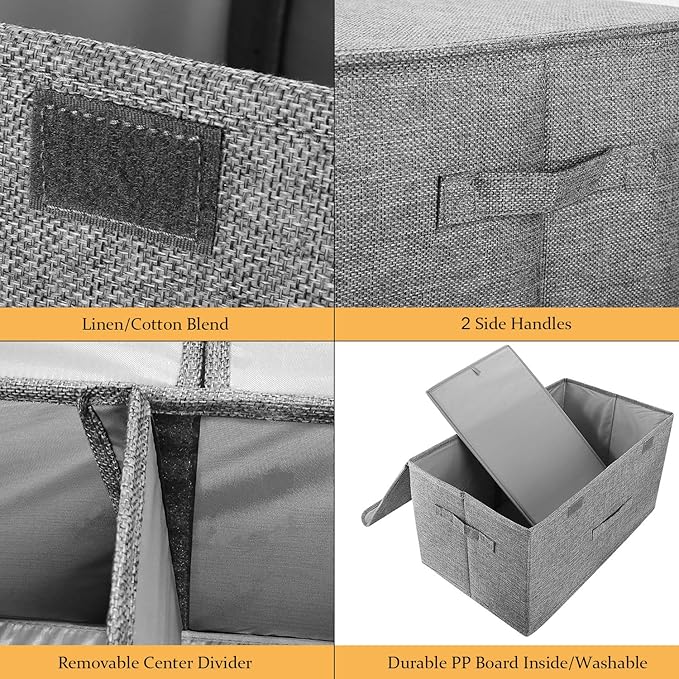 2 Pack Large Linen Fabric Collapsible Storage Bins with Lid and Handles, Washable Storage Box Baskets Cube with Removable Divider for Bedroom,Closet,Office,Living Room,Nursery (Black, Small)