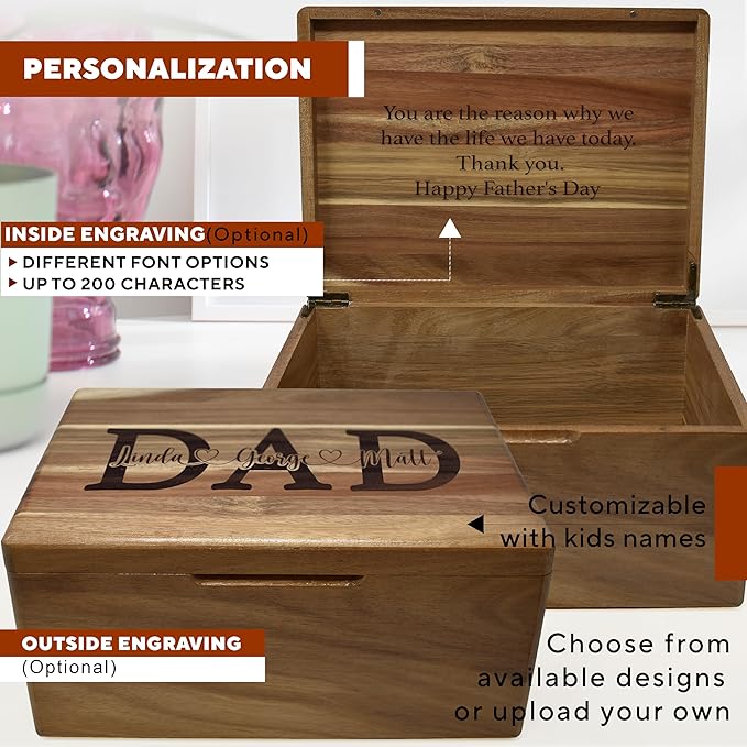 Dad Box with Kids Names - Custom Keepsake Box for Memories with Engraved Children Names, Personalized Fathers Gifts from Daughter/Son/Family, Birthday Gifts for Dad from Kids, 11.5x8.5x5.5 in
