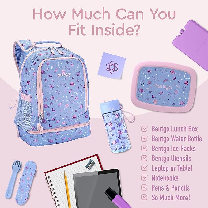 Bentgo Kids 2-in-1 Backpack & Insulated Lunch Bag - Durable 16” Backpack & Lunch Container in Unique Prints for School & Travel - Water Resistant, Padded & Large Compartments (Lavender Galaxy)