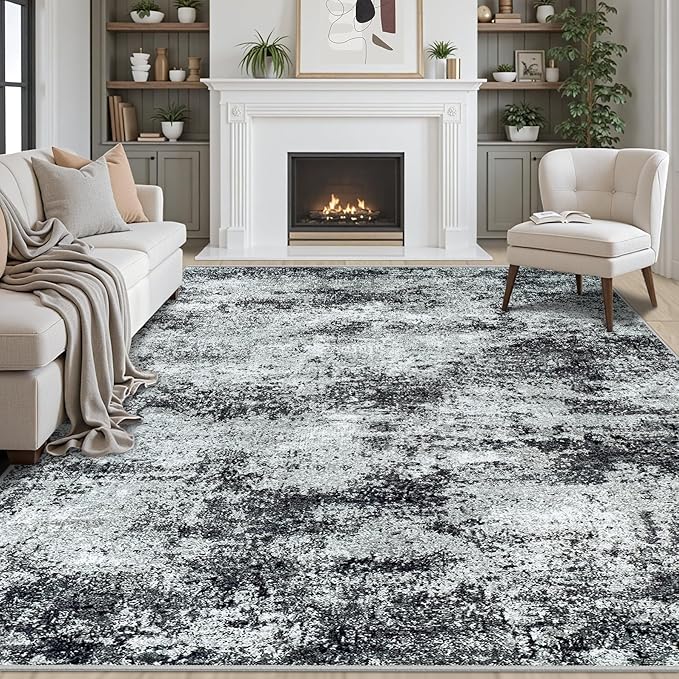Area Rugs 8x10 Living Room Rugs: Modern Abstract Washable Rug with Non-Slip Backing, Stain Resistant Indoor Floor Large Carpet for Bedroom Dining Room Table Nursery Hallway Home Office Dark Black/Gray