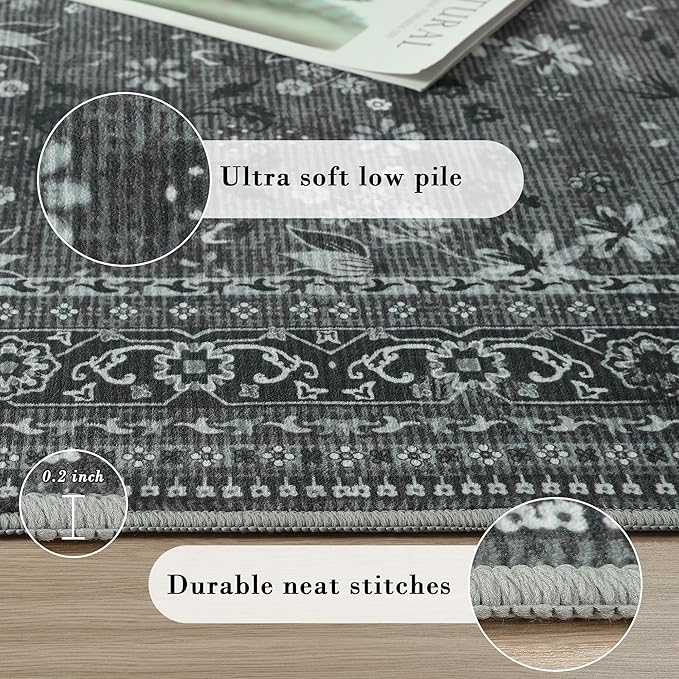 5x7 Machine Washable Area Rug for Living Room Bedroom, Vintage Kitchen Rugs Non Slip, Traditional Indoor Floor Floral Print Carpet for Dining Room, Farmhouse, Office Classroom Black/Gray