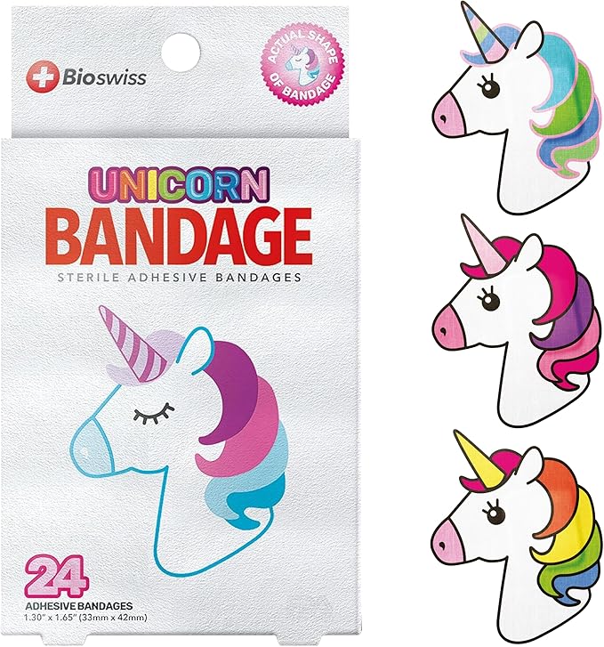 BioSwiss Bandages, Unicorn Shaped Self Adhesive Bandage, Latex Free Sterile Wound Care, Fun First Aid Kit Supplies for Kids, 24 Count